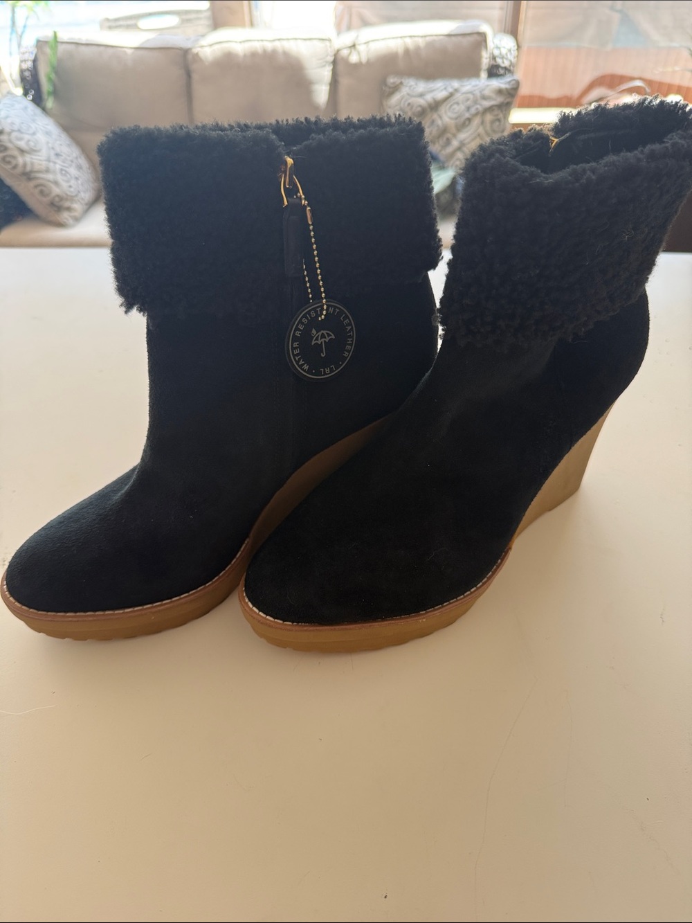 Ralph Lauren Black Suede Wedge Ankle Boots with Shearling Cuff